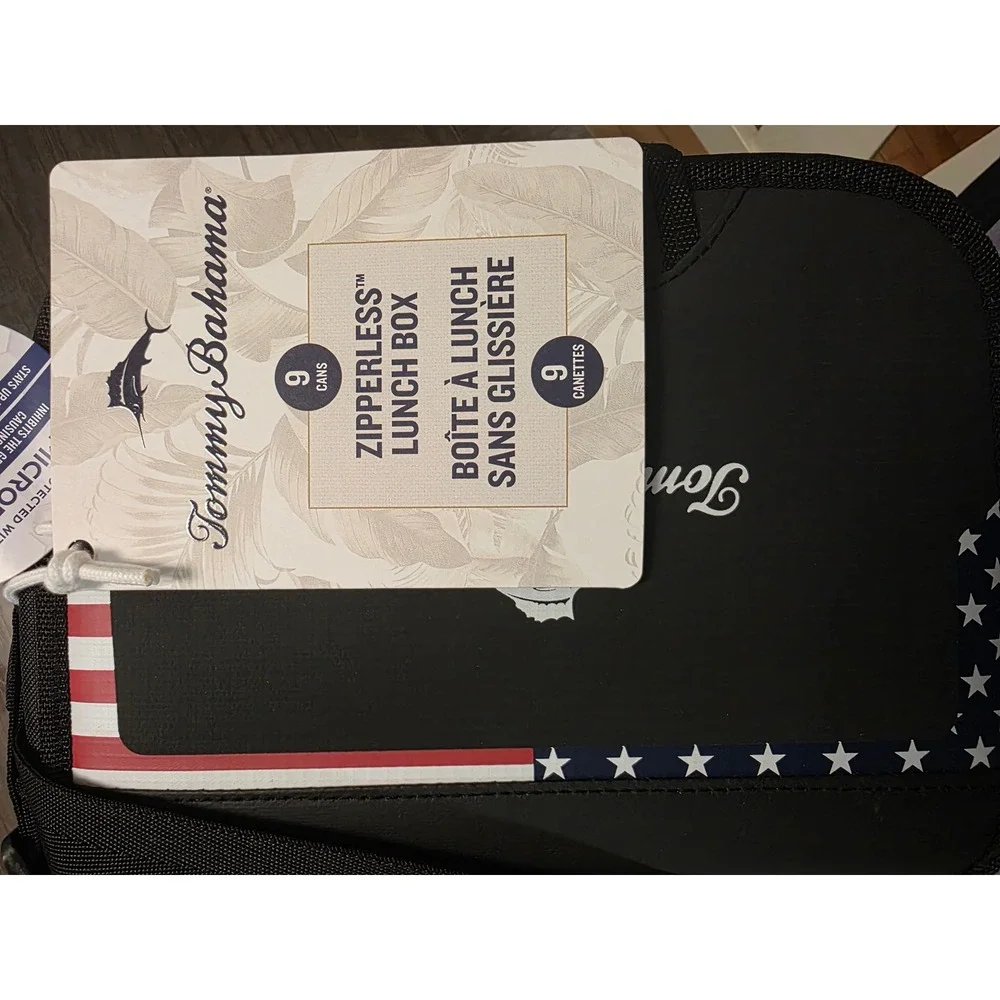 Tommy Bahama Zipperless Coldlok 9 Can Lunch Box Cooler American Flag Black NWT